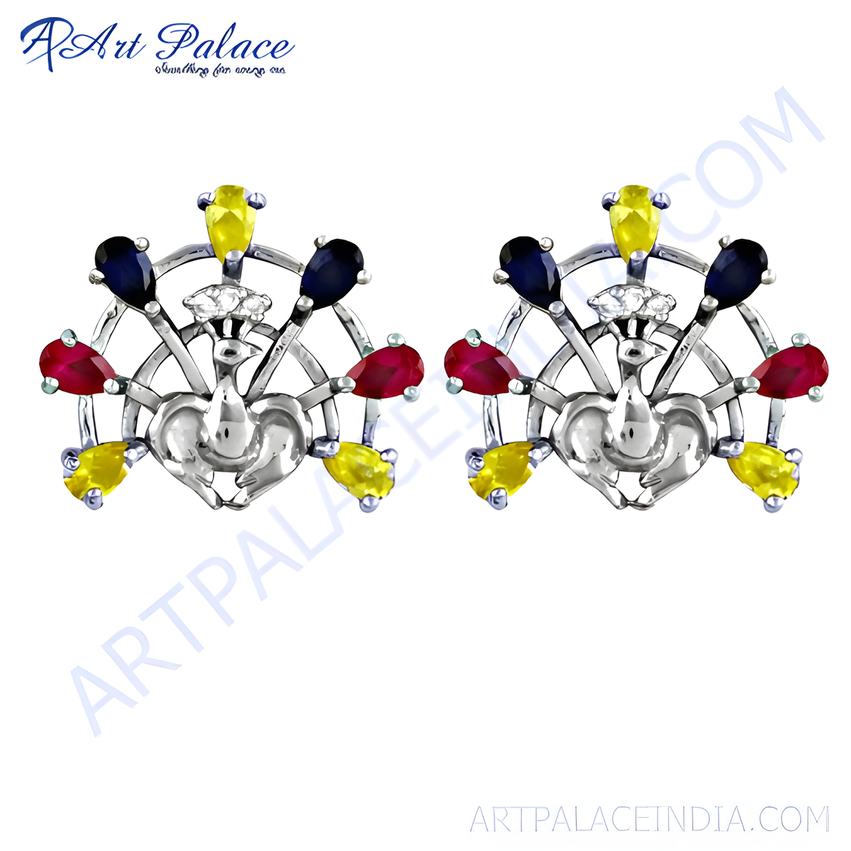 Sterling silver peacock earrings featuring ruby, sapphire, and yellow gemstones