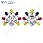 Load image into Gallery viewer, Sterling silver peacock earrings featuring ruby, sapphire, and yellow gemstones. Women&#39;s fashion jewelry.
