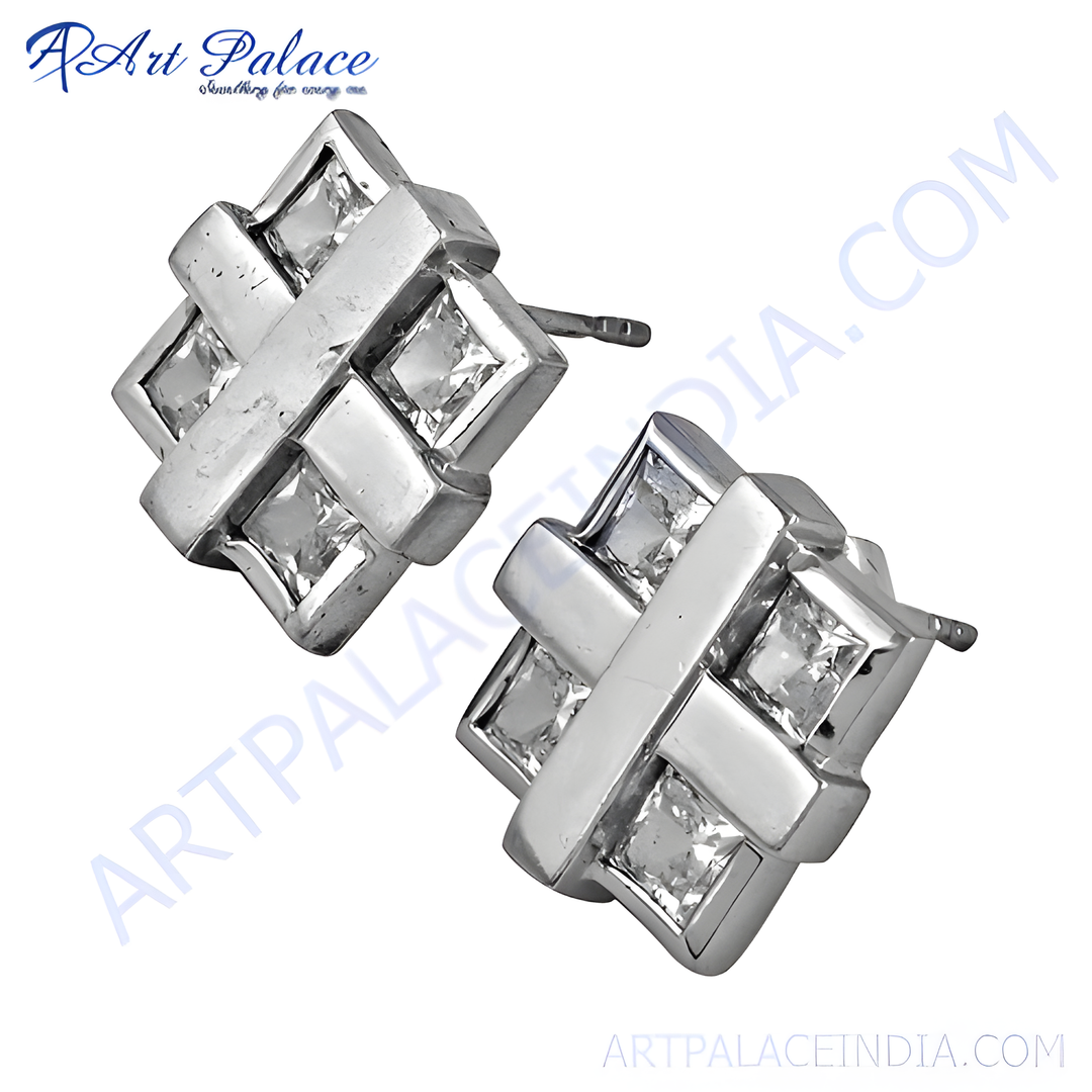 Silver square stud earrings with clear square cut crystals, perfect for women's fashion jewelry.