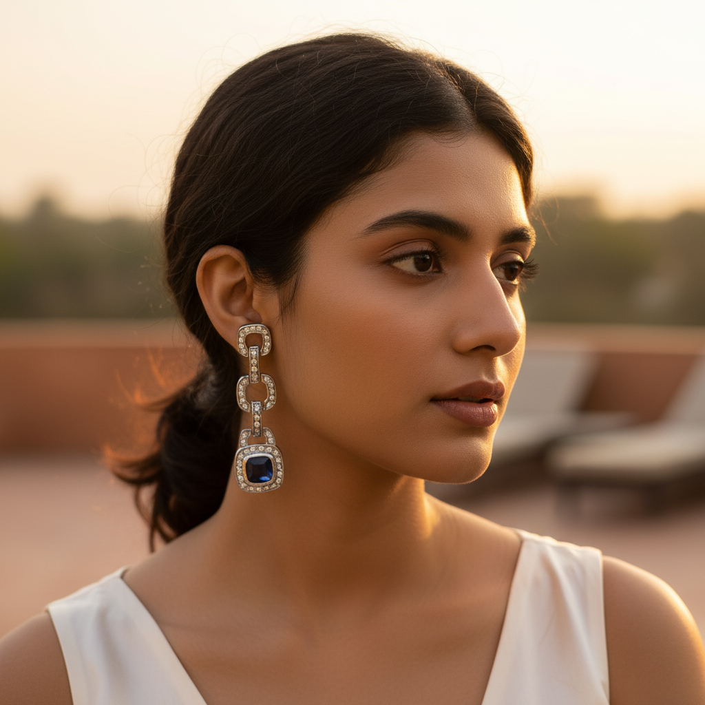 Silver Sapphire Drop Earrings | Chain Link Dangle Earrings for Women