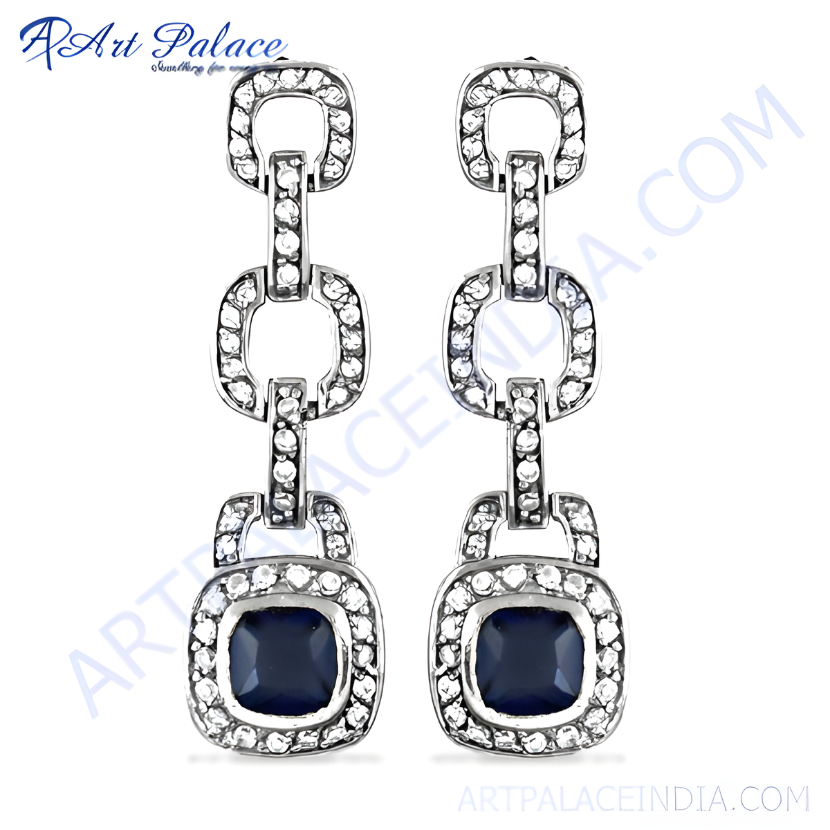 Silver drop earrings featuring sapphire gemstones and sparkling accents, perfect for women's jewelry