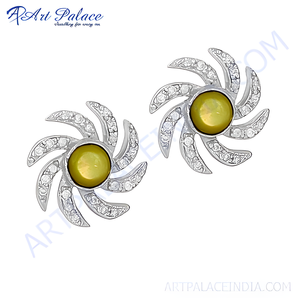 Sterling silver stud earrings with a central yellow green cats eye gemstone, in a floral design