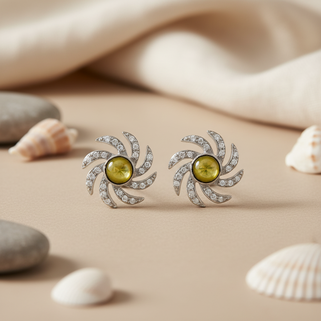 Silver Cats Eye Stud Earrings for Women | Floral Design