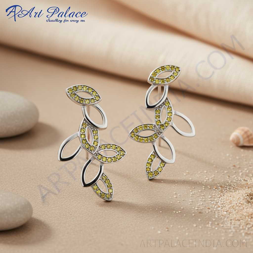 Pendientes de hoja de plata con piedras preciosas amarillas | joyería para mujer