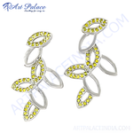 Load image into Gallery viewer, Silver leaf earrings with yellow gemstones, a stylish and elegant accessory for women.
