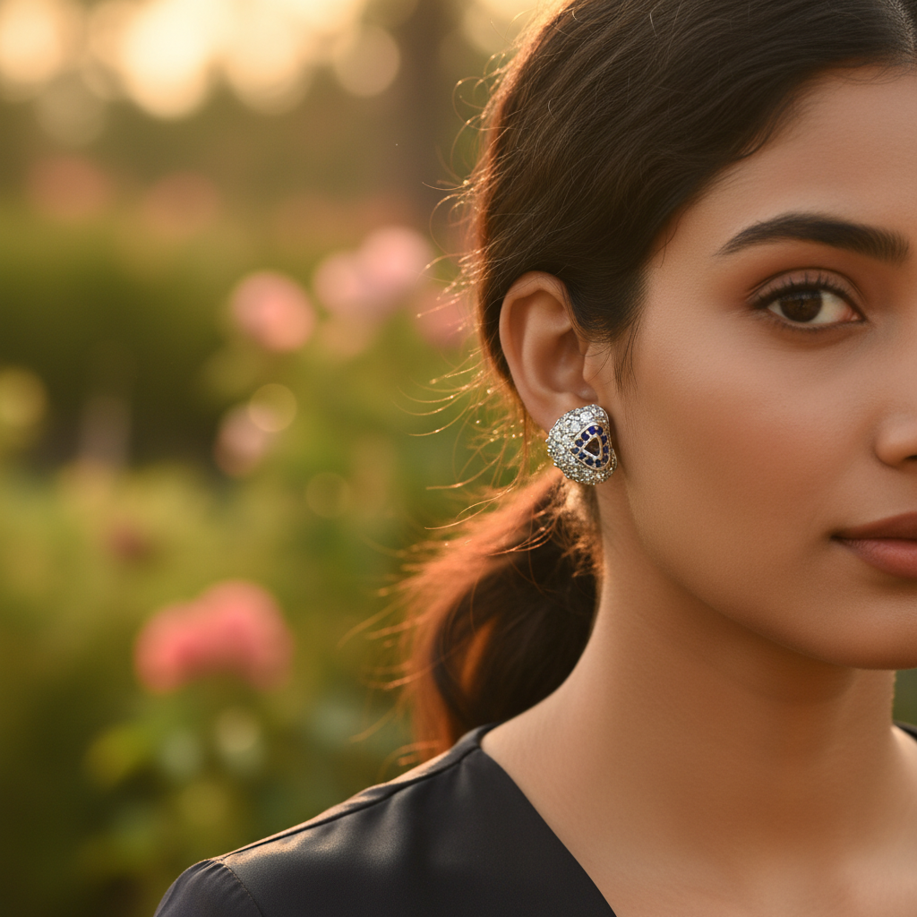 女士银色蓝宝石耳钉 | 日常佩戴