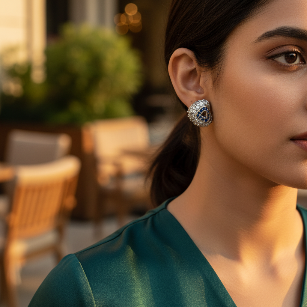 Silver Stud Earrings with Blue Gemstones for Women | Daily Wear
