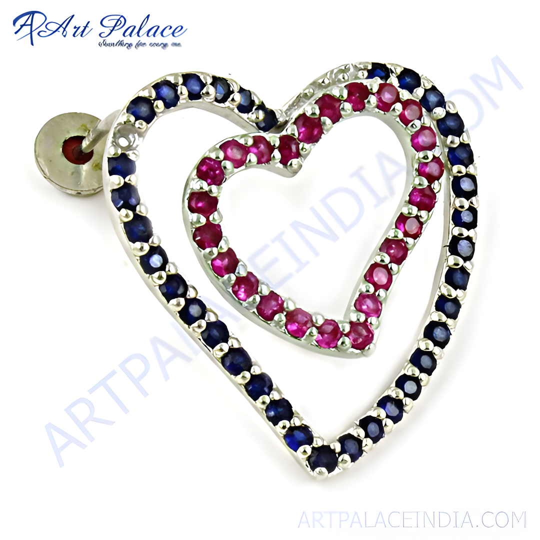 Sterling silver heart stud earrings featuring ruby and sapphire gemstones in a double heart design