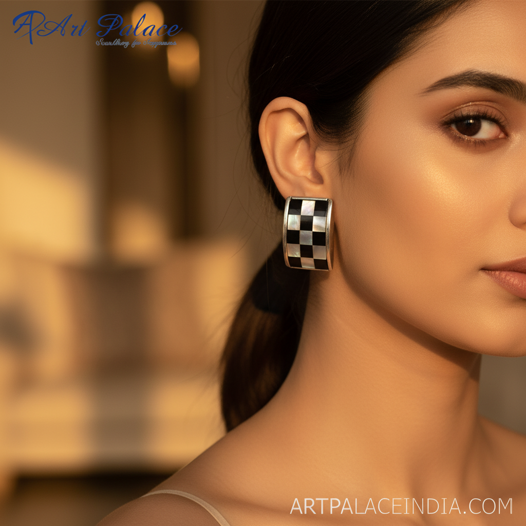 Pendientes de plata con diseño de tablero de ajedrez y nácar | Joyería para mujer