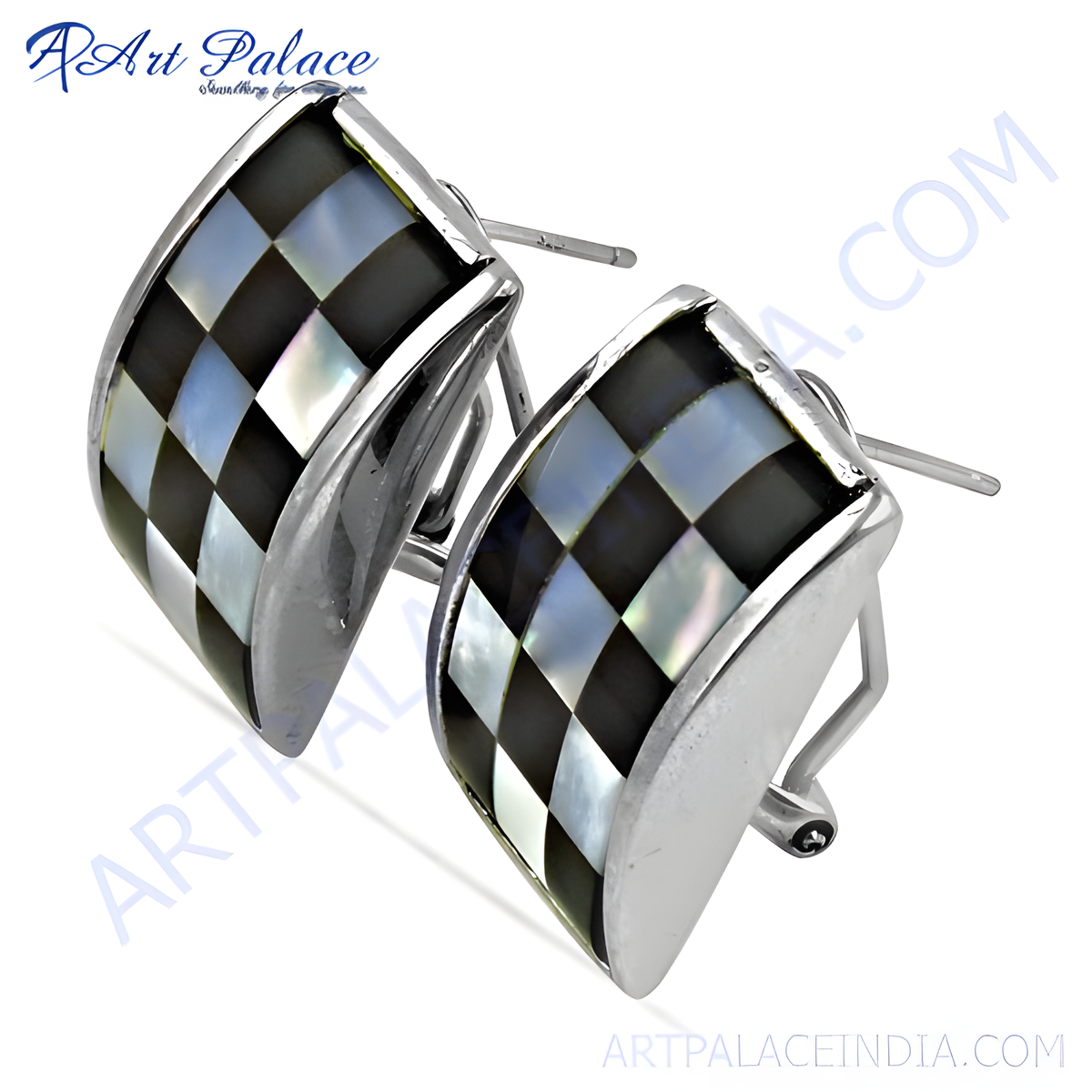 Silver stud earrings with a checkerboard design featuring black and white mother of pearl inlay