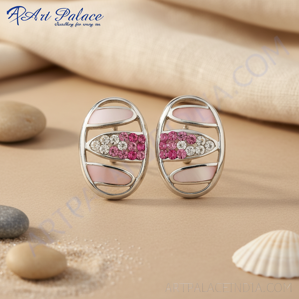女士银色水晶粉色宝石耳环 | 日常佩戴