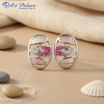 将图像加载到图库查看器中， 女士银色水晶粉色宝石耳环 | 日常佩戴
