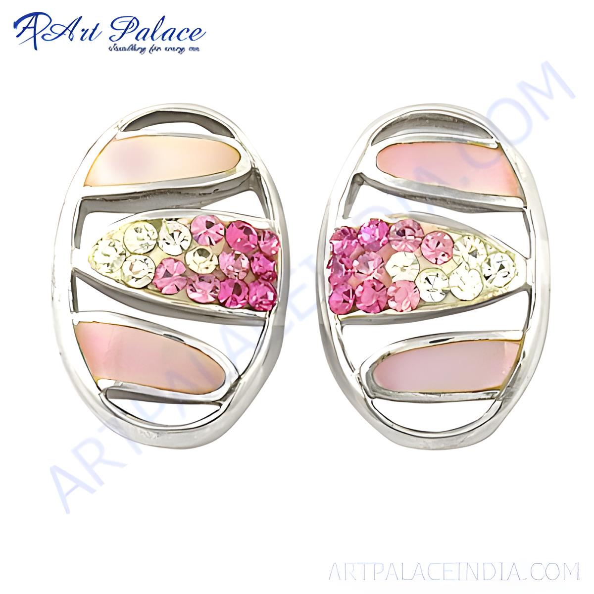Silver stud earrings with pink and white crystal accents, a beautiful accessory