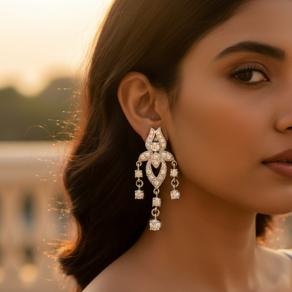 女士银色立方氧化锆吊坠耳环 | 璀璨珠宝