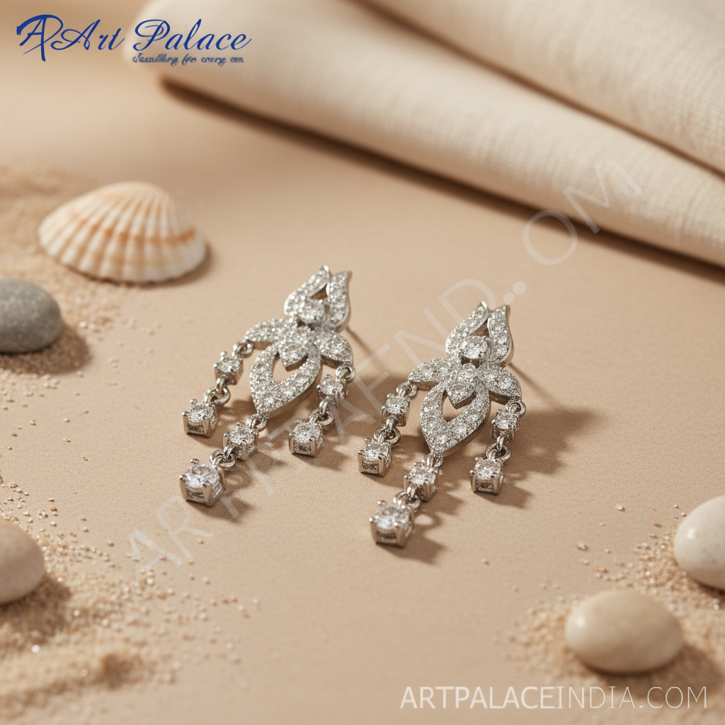 女士银色立方氧化锆吊坠耳环 | 璀璨珠宝