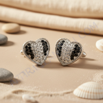 Load image into Gallery viewer, Silver Heart Stud Earrings with Black &amp; White Gemstones
