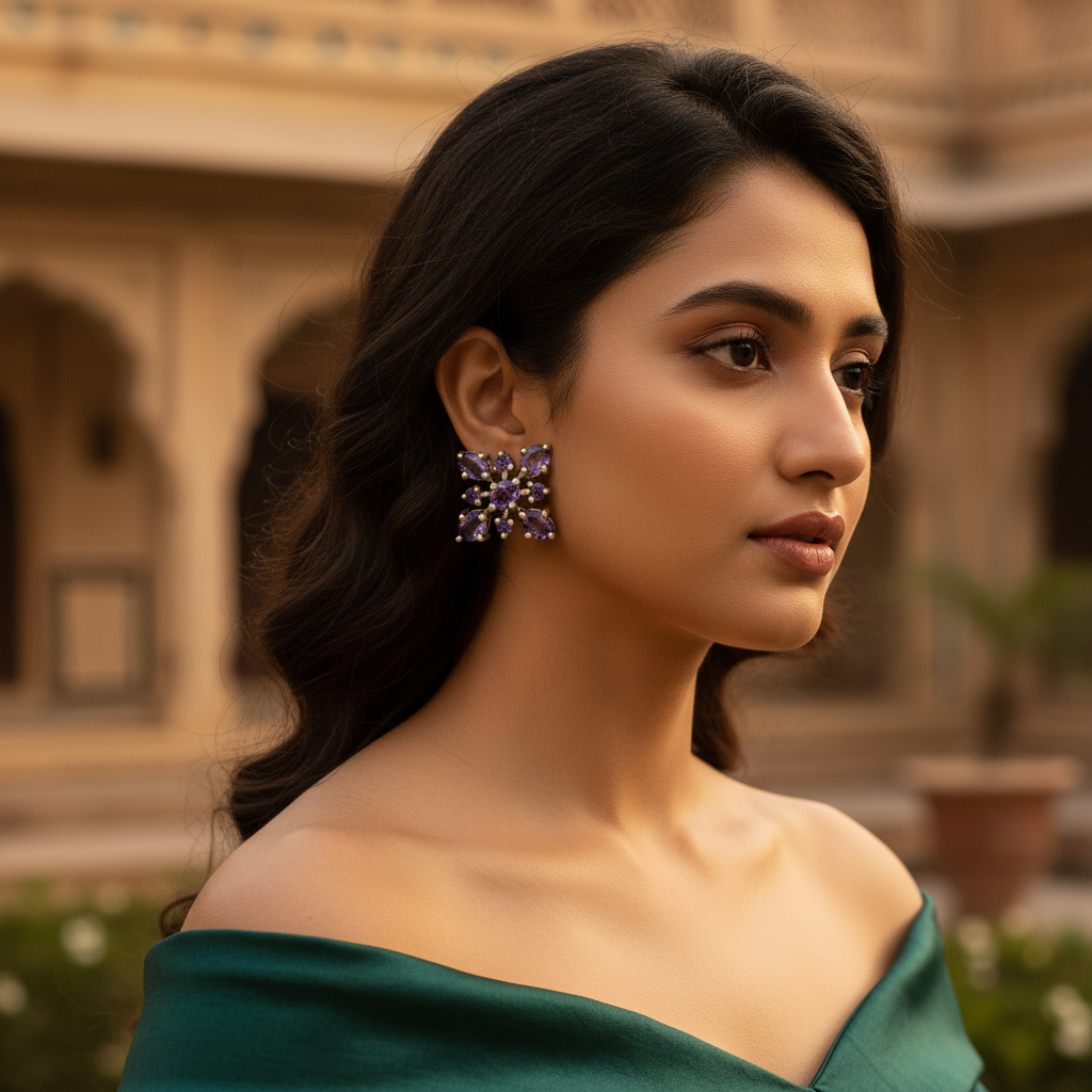 Amethyst stud earrings in silver | flower design | for women