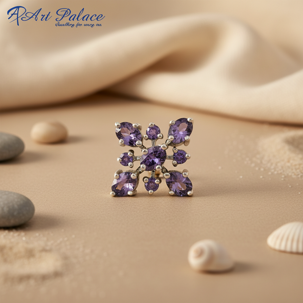 Amethyst Stud Earrings in Silver | Flower Design | For Women