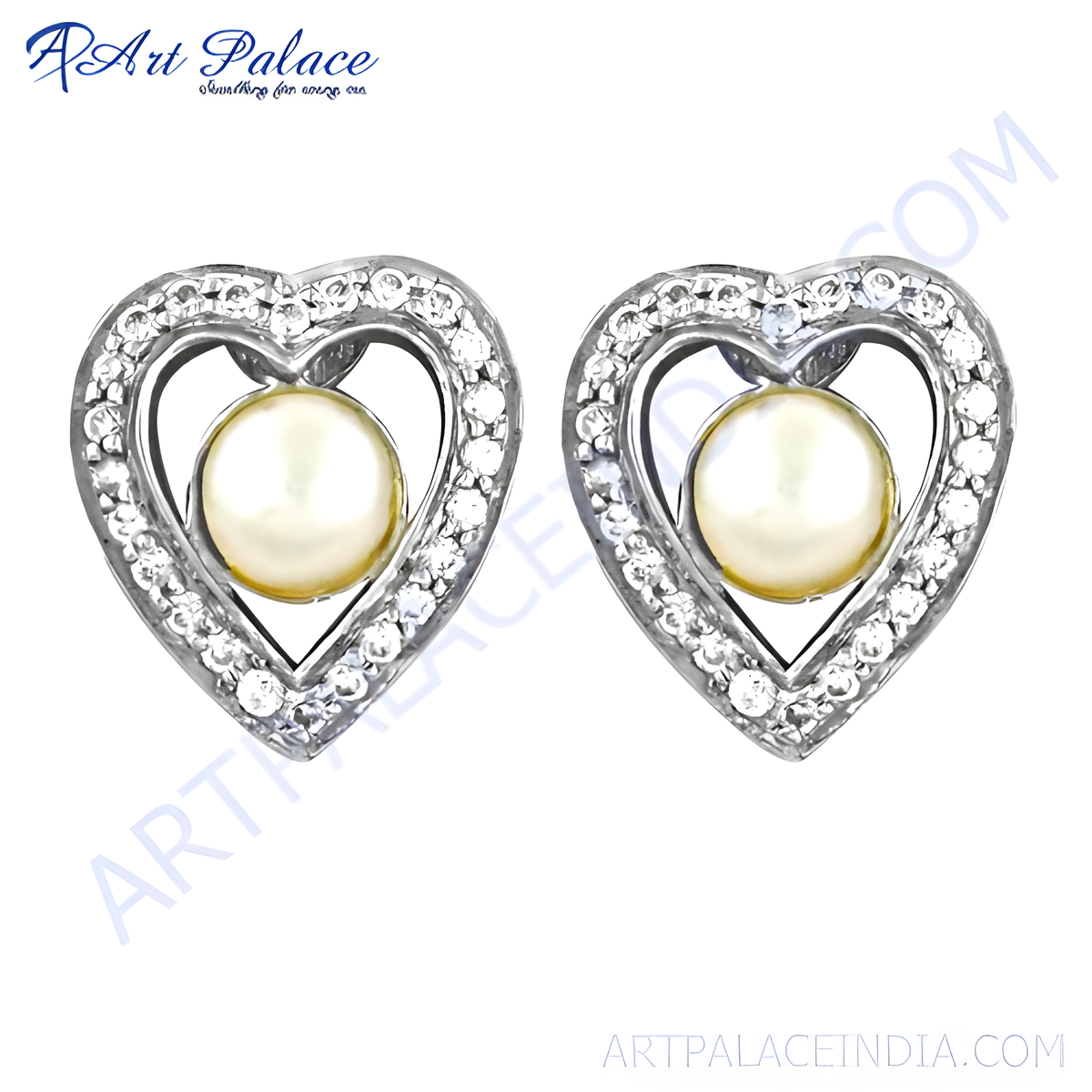 Sterling silver heart stud earrings with a pearl center and cubic zirconia accents, a lovely jewelry piece