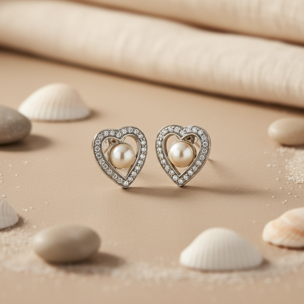 Silver Heart Pearl Stud Earrings | Women's Jewelry Gift
