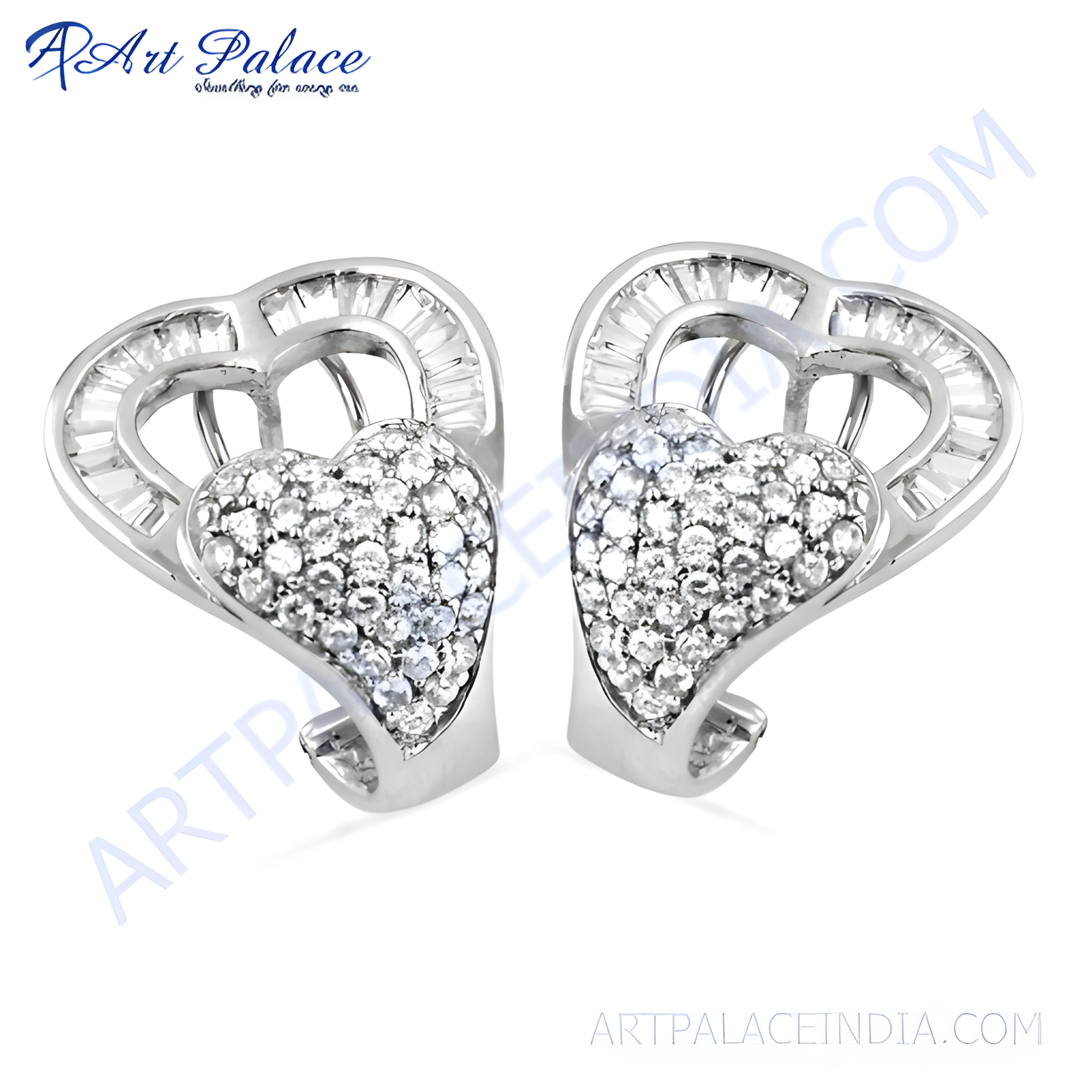 Silver heart shaped stud earrings with a pave of sparkling diamonds, perfect for everyday wear