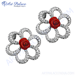 Load image into Gallery viewer, Silver floral stud earrings with red rose detail on white background
