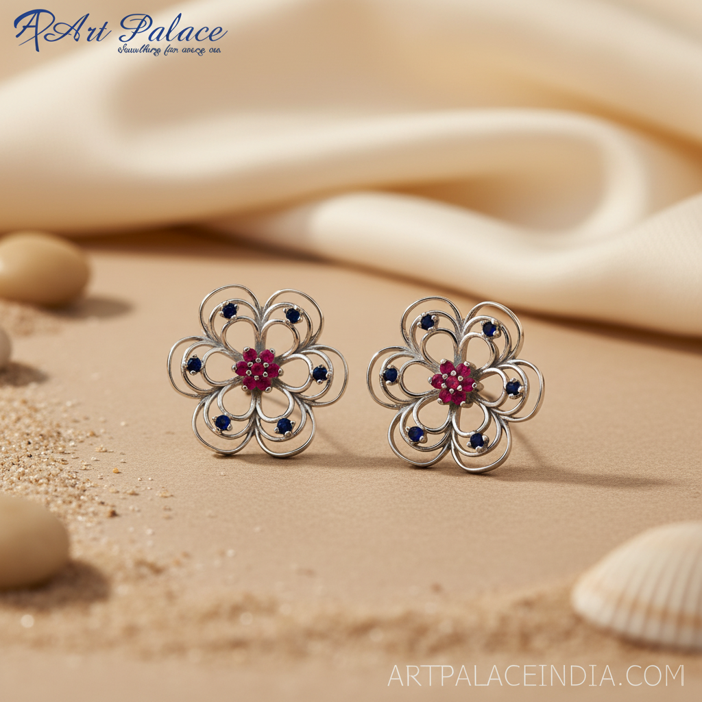 925 Silver Ruby Sapphire Flower Earrings for Women | Gift