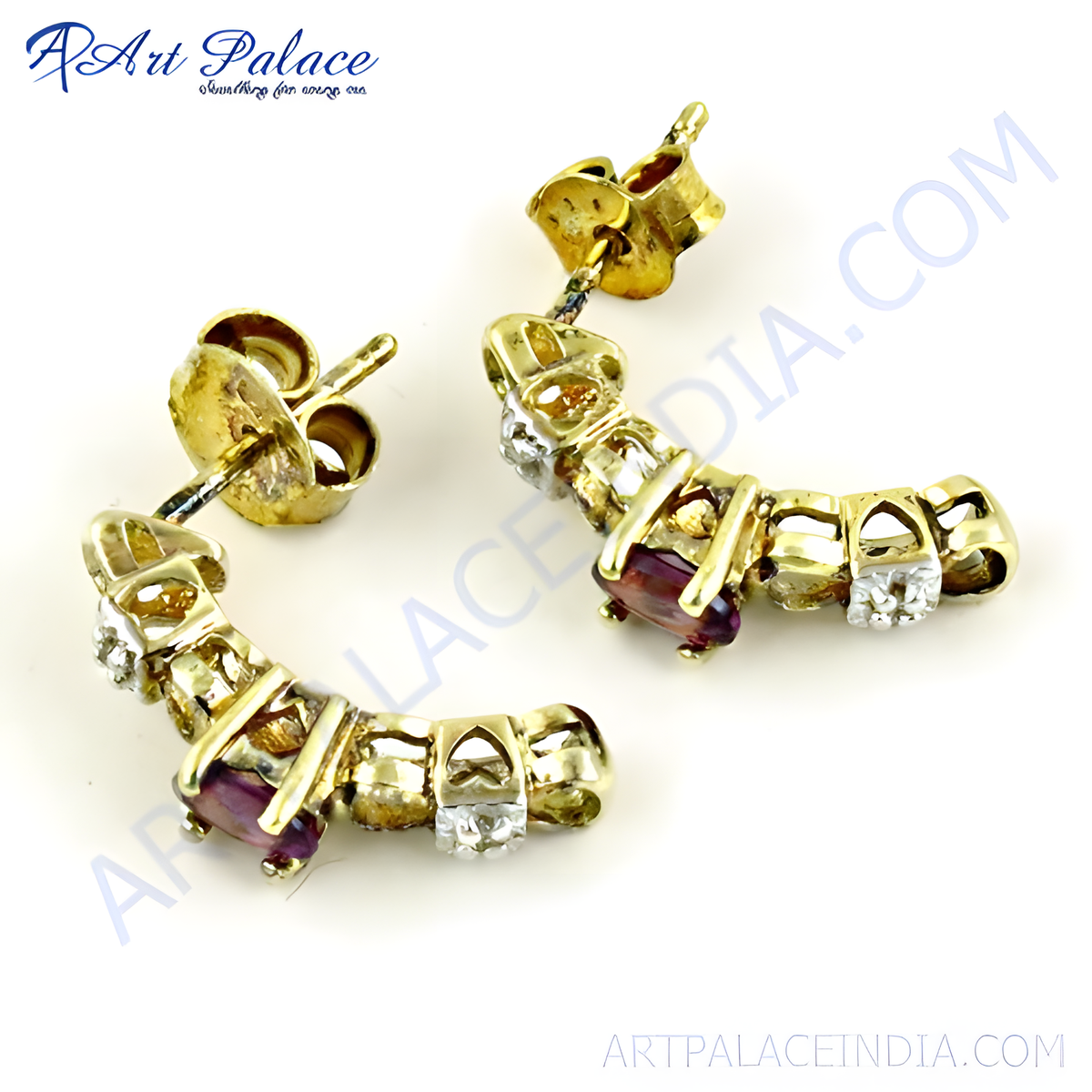 Gold stud earrings with ruby and diamond gemstones for women