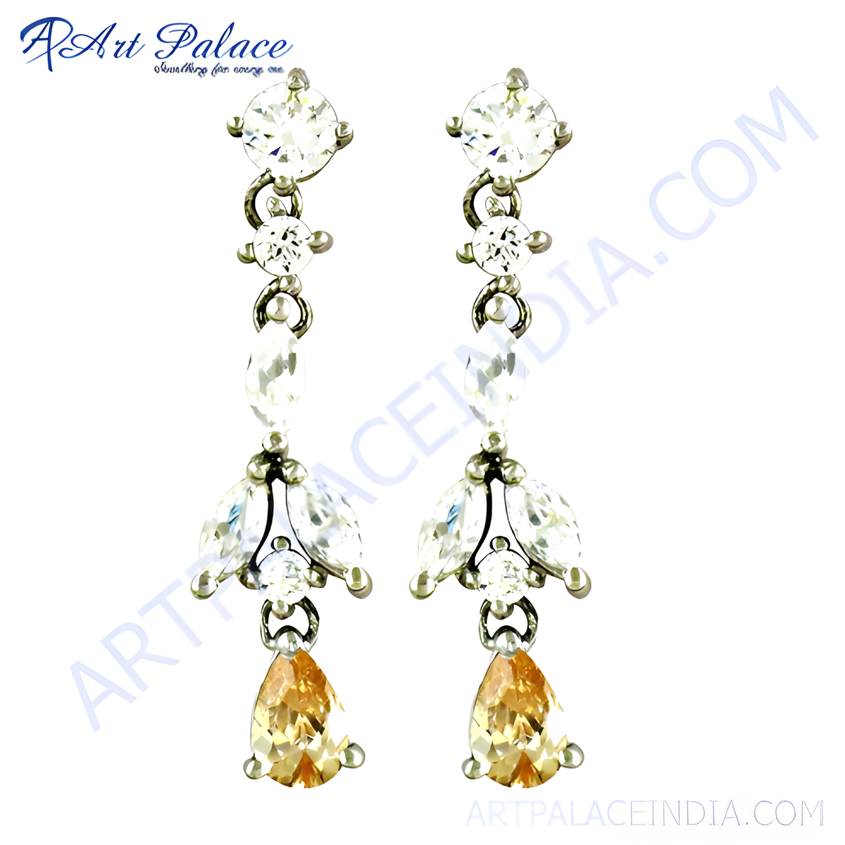 Silver drop dangle earrings with sparkling white accents and a citrine colored gemstone drop
