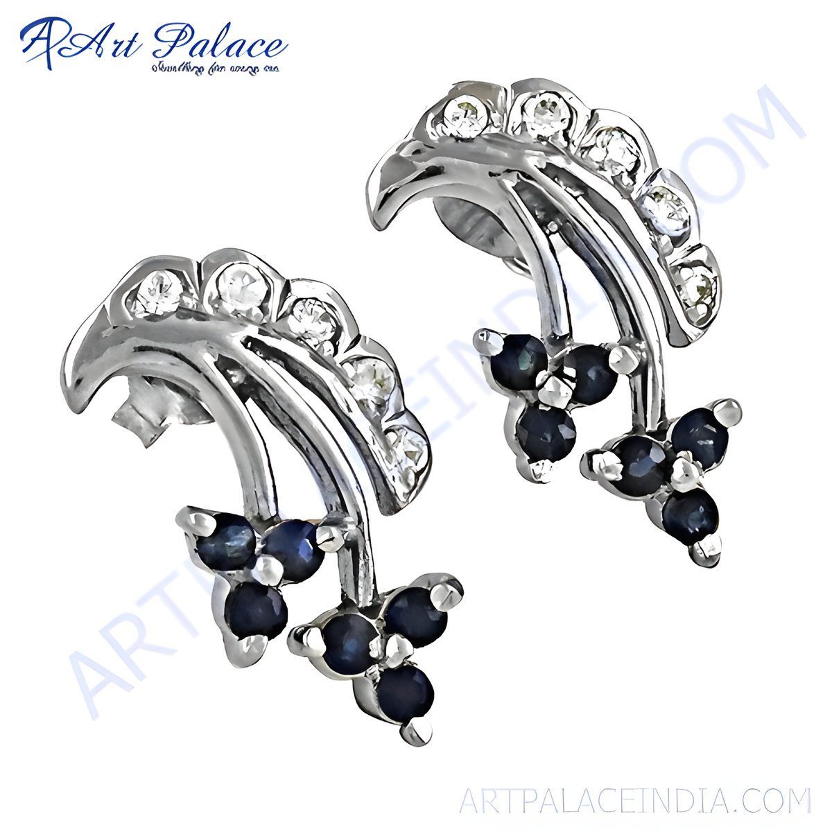 Silver stud earrings with blue sapphire gemstones in a floral design, perfect for women