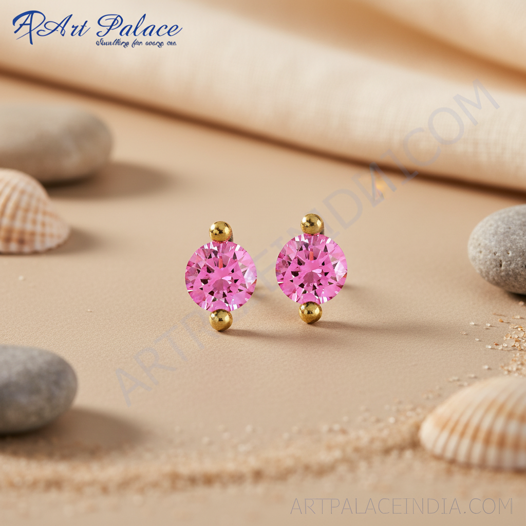 Pink Gemstone Stud Earrings | Gold Plated Jewelry for Women