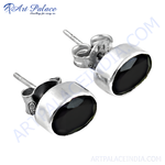Load image into Gallery viewer, 925 sterling silver stud earrings with oval-cut black onyx gemstones for women.
