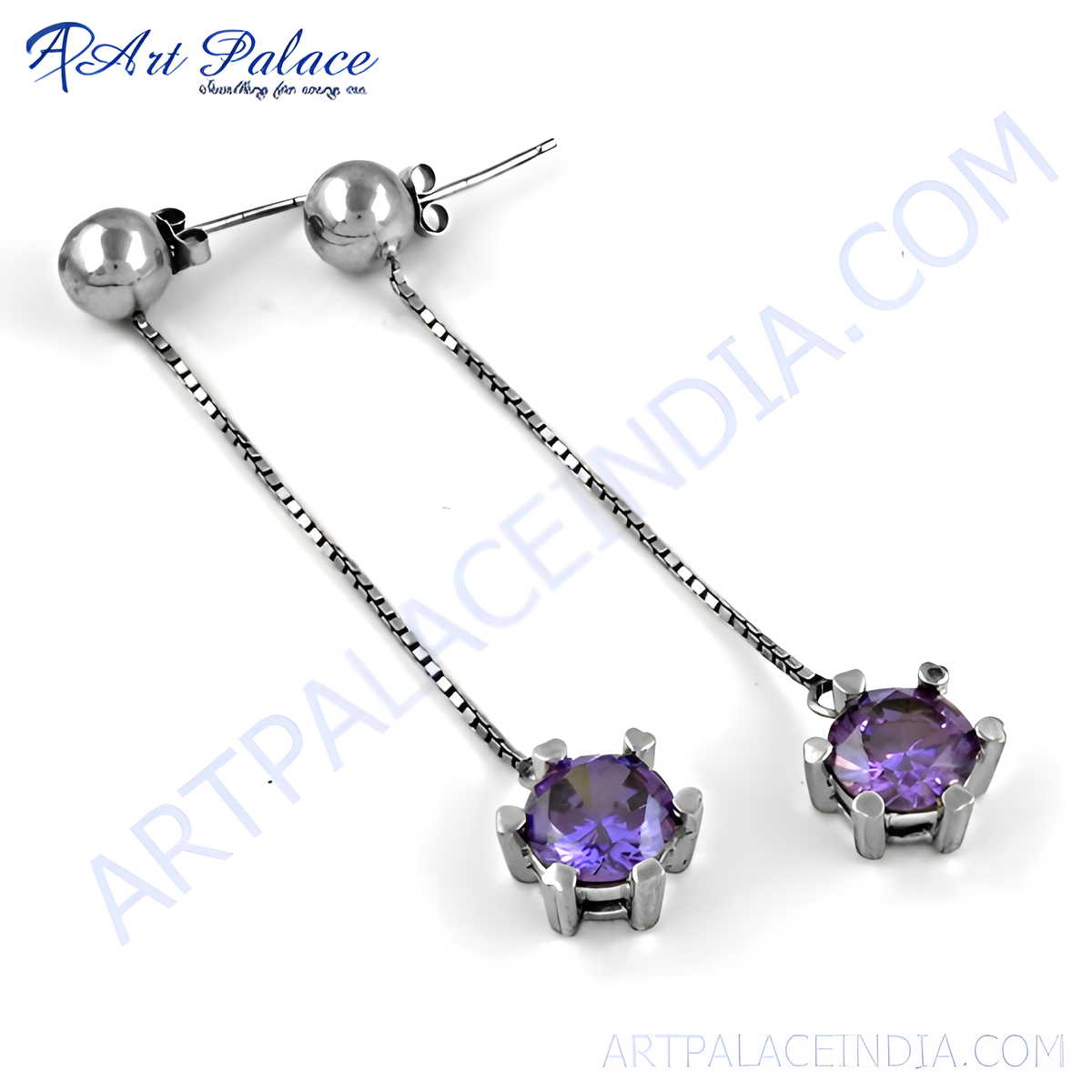 Silver drop earrings with sparkling purple gemstone