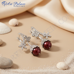 Load image into Gallery viewer, Silver Red Gemstone Drop Earrings for Women | Floral Design
