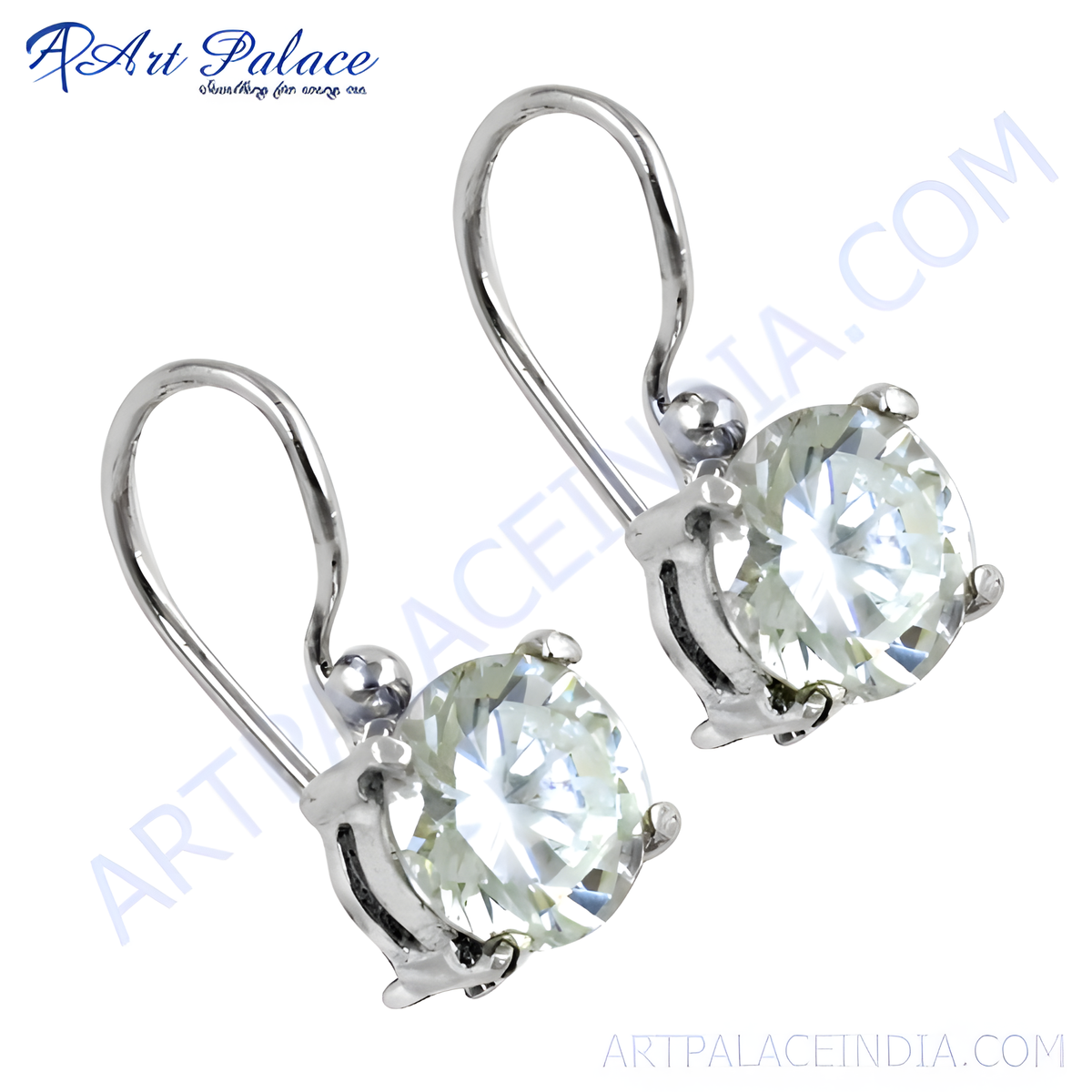 Silver leverback earrings with round cut cubic zirconia gemstones, shining and reflective