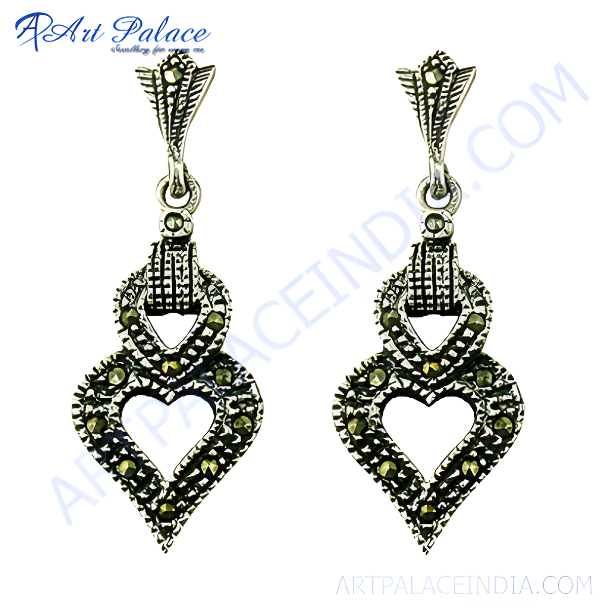 925 sterling silver marcasite heart drop earrings with intricate detailing, suitable for women
