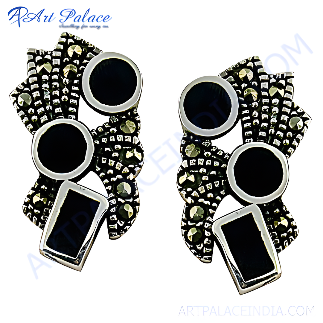 925 sterling silver stud earrings featuring black onyx stones and intricate detailing for women's fashion jewelry.