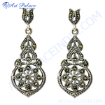 Load image into Gallery viewer, 925 sterling silver dangle earrings with marcasite stones and intricate filigree design.
