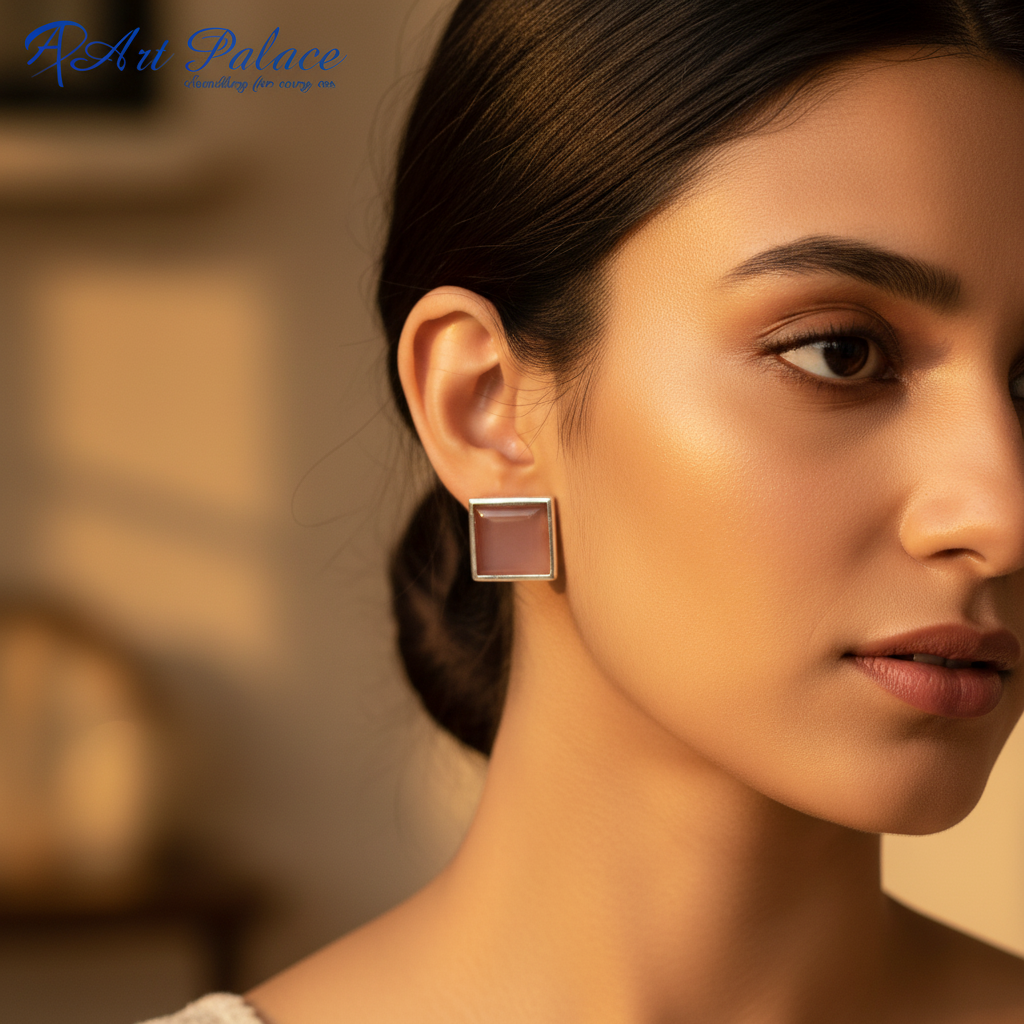 Pendientes cuadrados de plata con piedra roja | Joyería de moda para mujer