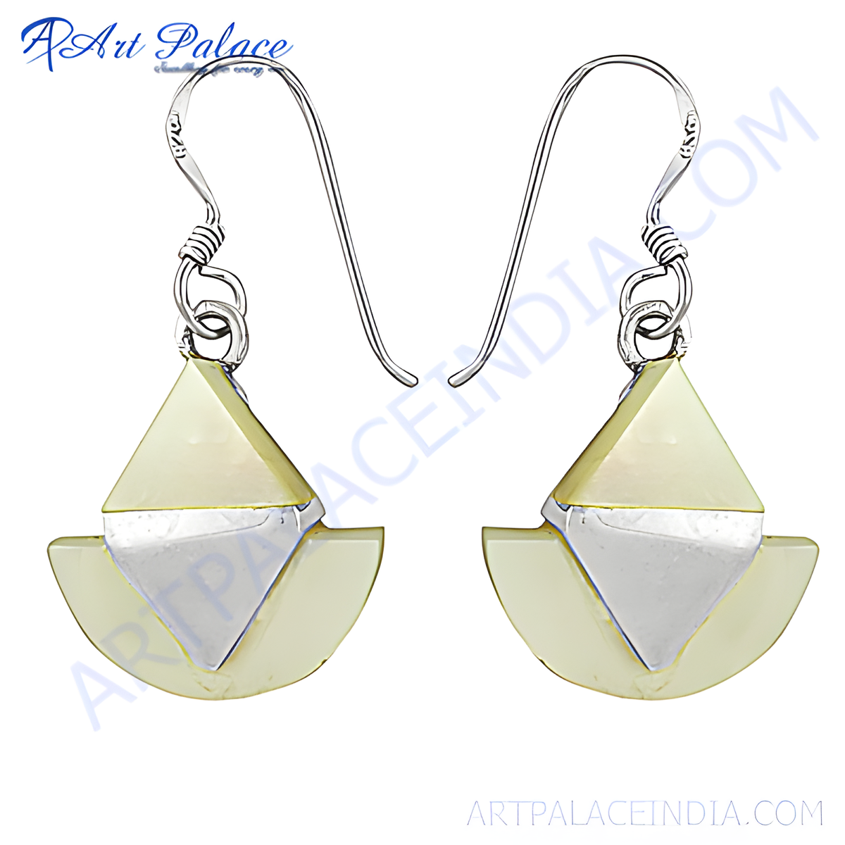 Silver geometric drop earrings with silver hooks, and unique fan shaped design with a contrast of materials