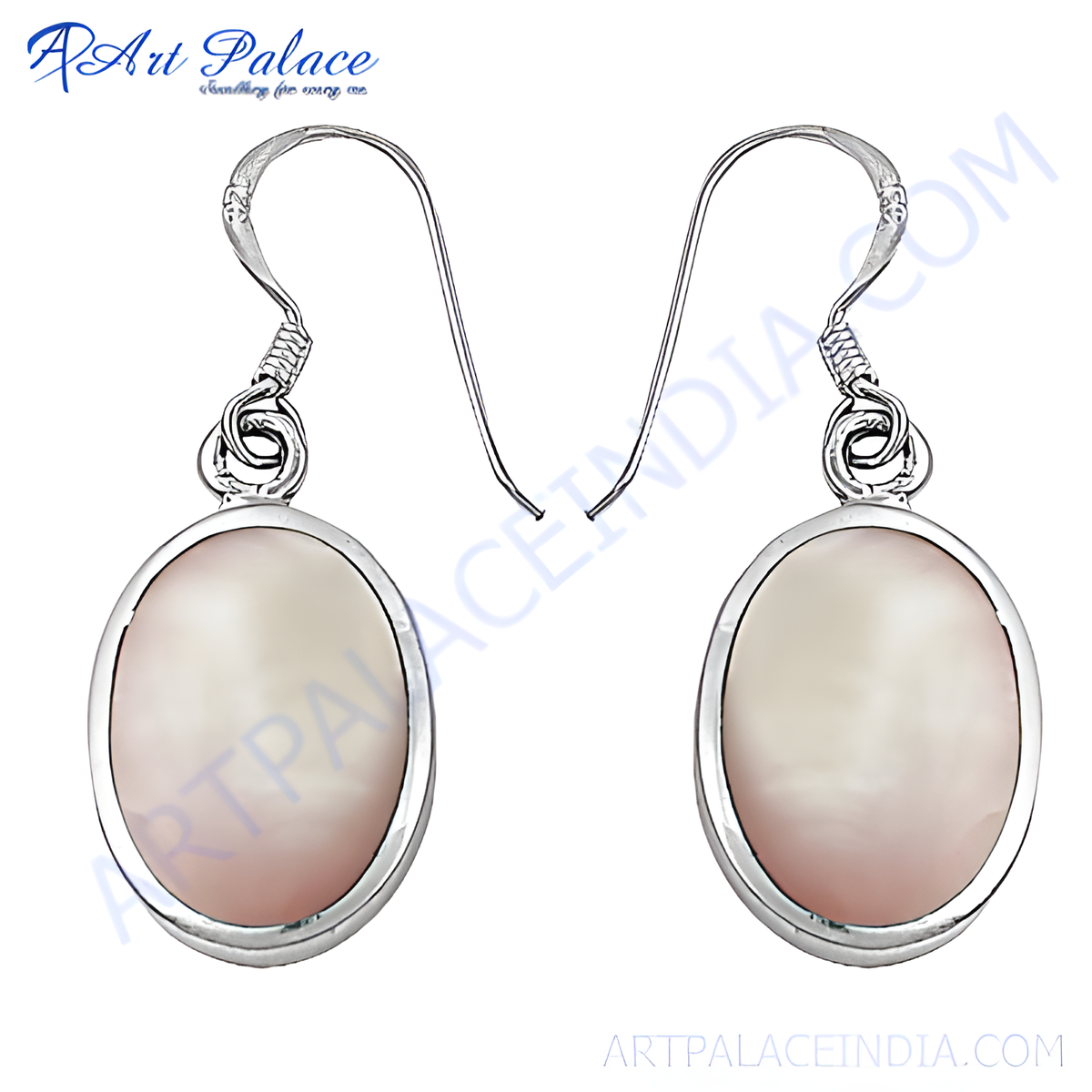 Sterling silver dangle earrings with oval mother of pearl gemstones, light pink and white in color