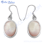 Load image into Gallery viewer, Sterling silver dangle earrings with oval mother of pearl gemstones, light pink and white in color.
