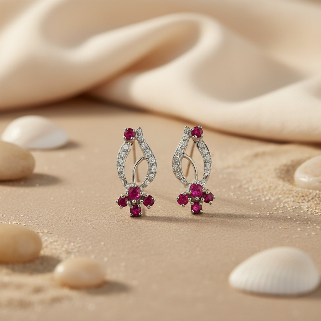 Ruby & Diamond Stud Earrings - Silver Jewelry for Women