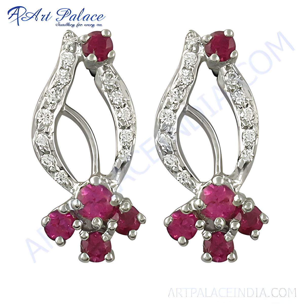 Elegant silver stud earrings featuring rubies and diamonds, designed for women