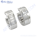 Load image into Gallery viewer, Silver hoop earrings with baguette cut and square diamonds. Elegant silver diamond jewelry.
