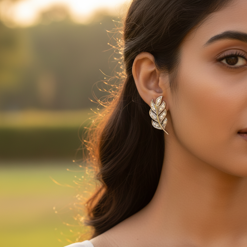 925 Silver Leaf Stud Earrings | Diamond-Accented Jewelry for Women