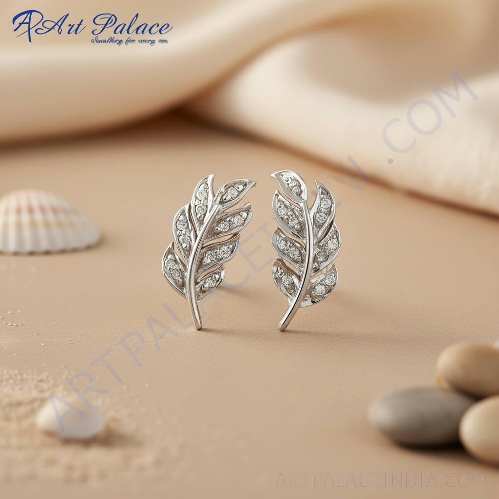 925 silver leaf stud earrings | diamond accented jewelry for women