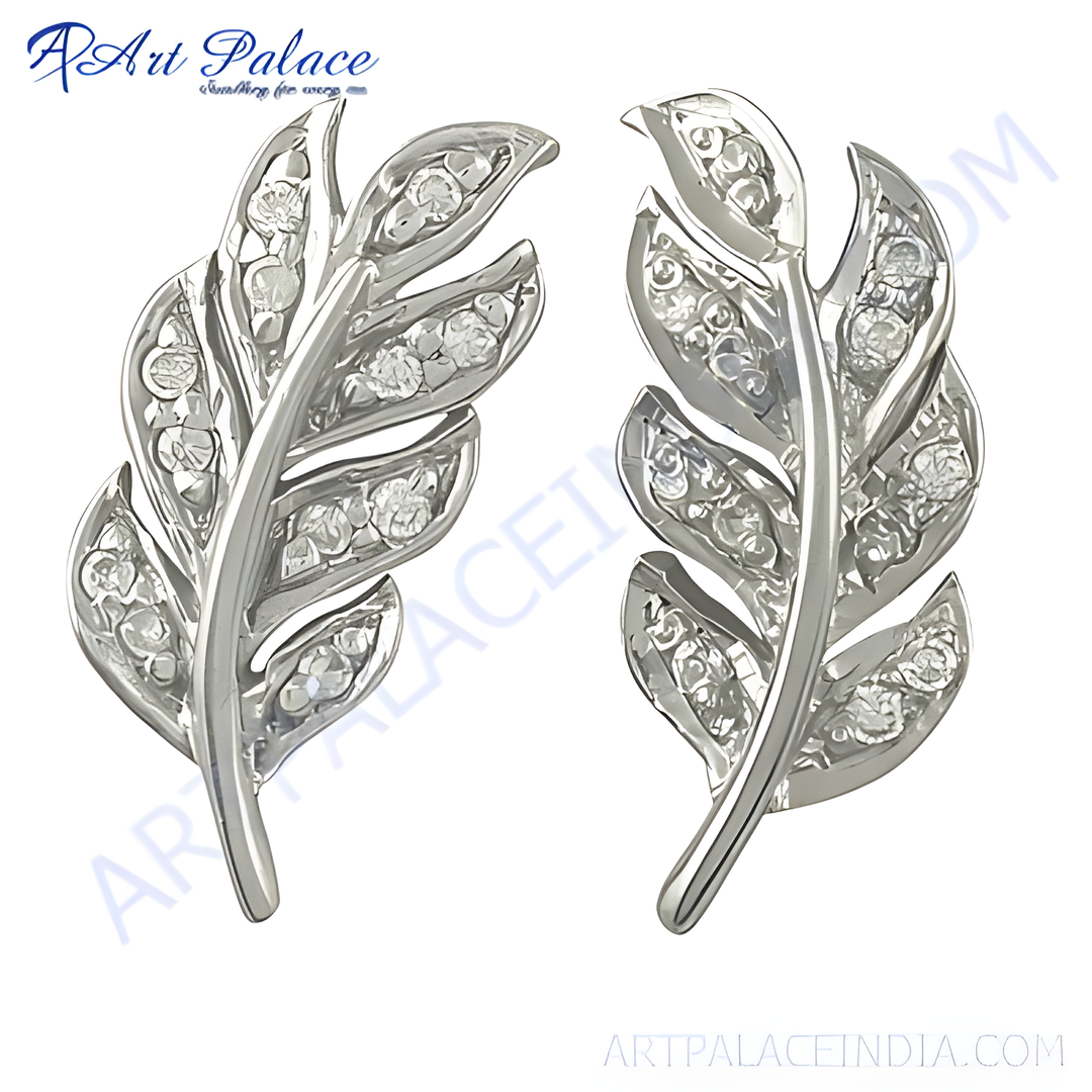 925 sterling silver leaf stud earrings with diamond accents, perfect for women.