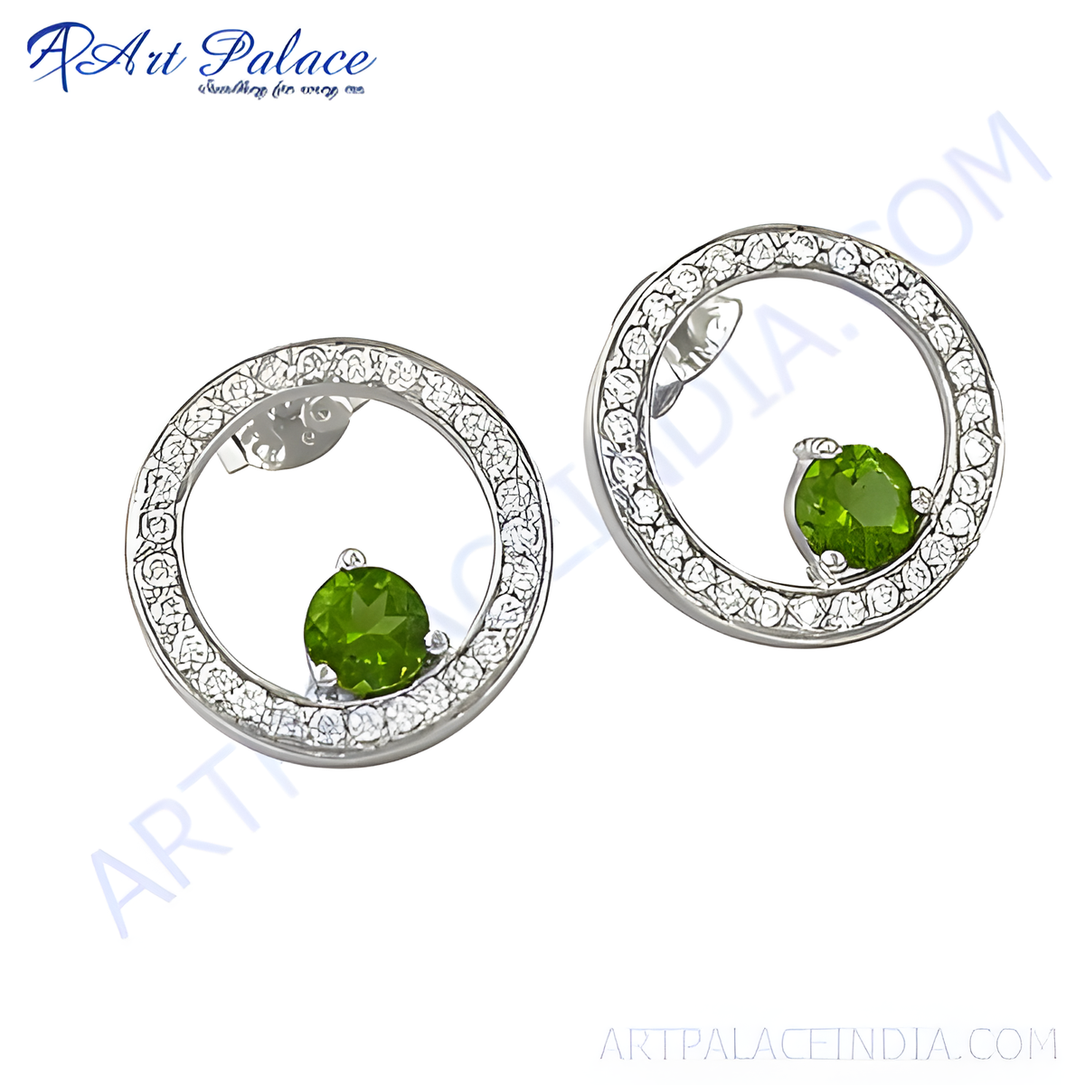 925 sterling silver stud earrings with round green peridot gemstone and cubic zirconia halo