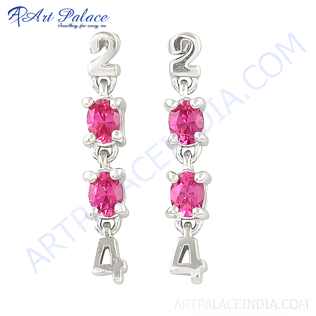 Sterling silver drop earrings featuring pink oval cut gemstones and the numbers 2 and 4